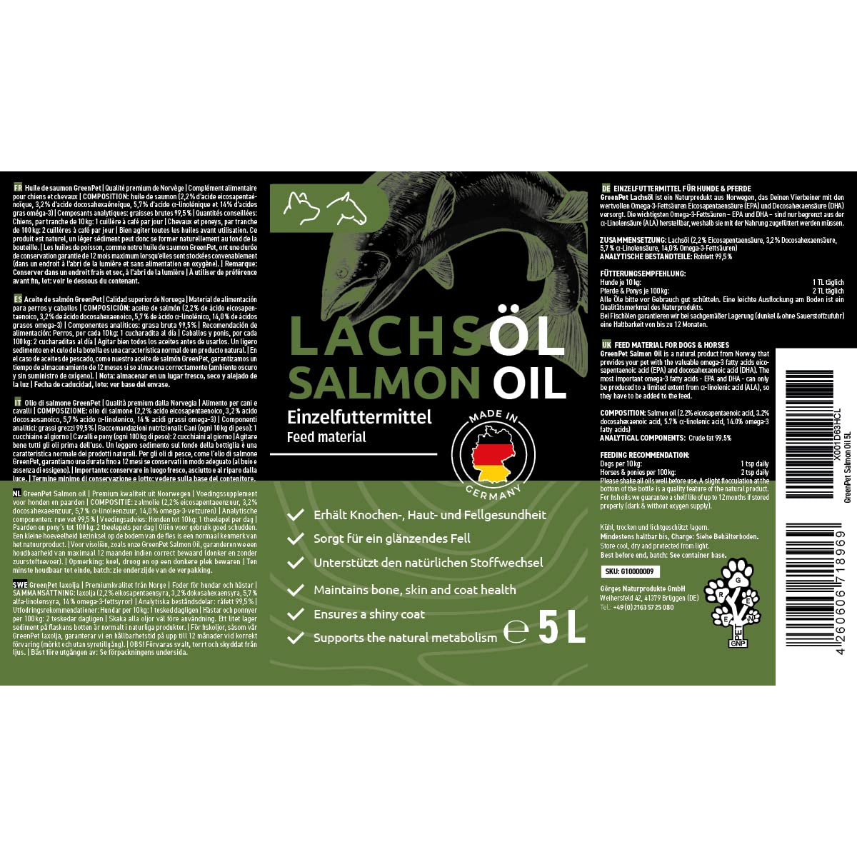 GreenPet Aceite de Salmón para Perros y Caballos 5 litros - Aceite Omega 3 - Aceite de Pescado para un Brillo Natural y Cuidado del Pelaje - Ayuda con la Piel Seca