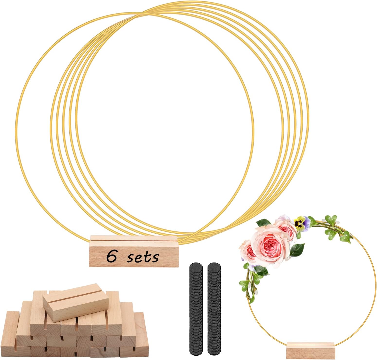 6Pcs 12 Inch Metal Floral Hoop Centerpiece with 6 PCS Wood Place Card Holders and Adjustable Foot Pads, Gold Wreath Macrame Hoop Rings Decorations for DIY Wedding Party Table Decor Dream Catcher