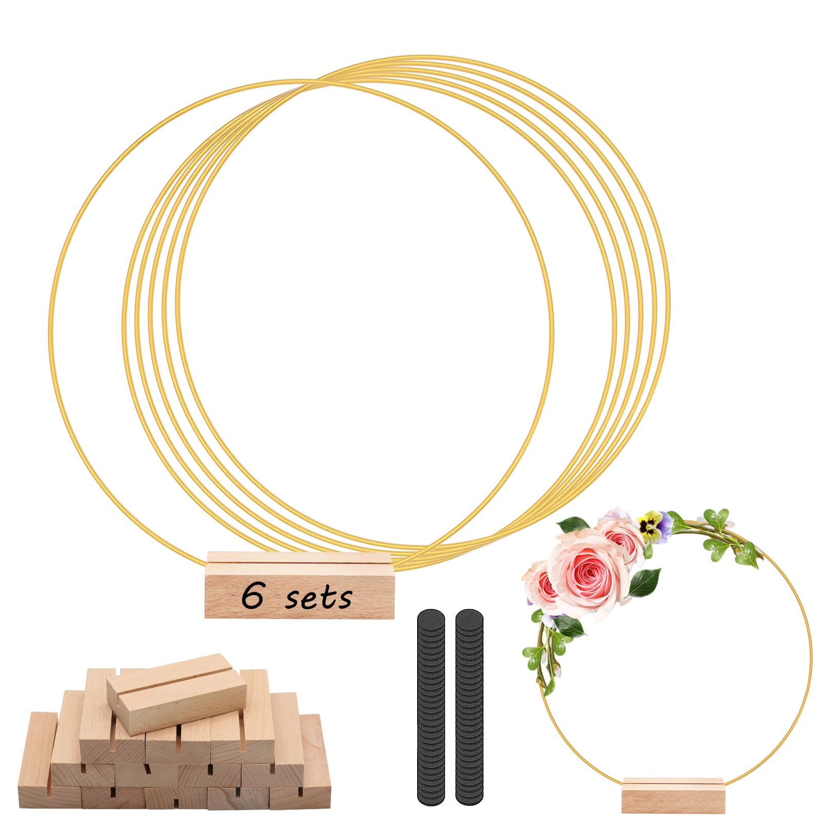 6Pcs 12 Inch Metal Floral Hoop Centerpiece with 6 PCS Wood Place Card Holders and Adjustable Foot Pads, Gold Wreath Macrame Hoop Rings Decorations for DIY Wedding Party Table Decor Dream Catcher