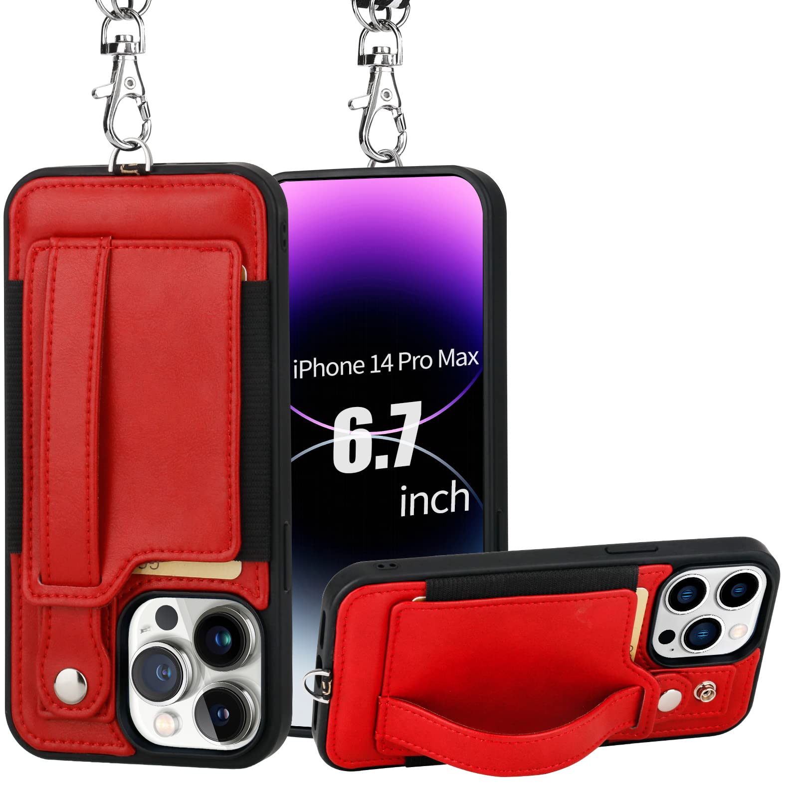 TOOVREN Wallet Case for iPhone 14 Pro Max with Card Holder Lanyard Phone Cover fits iPhone 14 Pro Max Case with Wallet Strap Stand Leather Kickstand