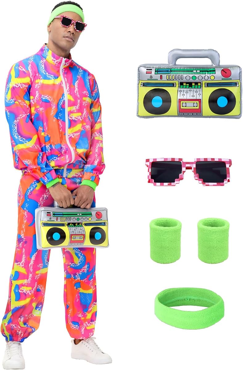 Men's 80s Outfit, Neon Retro Tracksuit for Halloween Party Costume