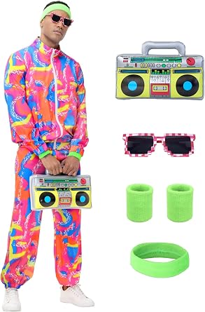 80s Outfit for Men Women,Neon Retro Tracksuit 90s Windbreaker Costume,Hip Hop Party Workout Track Suit Clothing