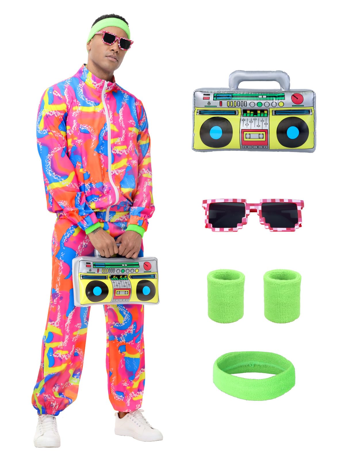 Chándal de los 80 para hombre y mujer – Disfraz retro neón años 90, ropa de fiesta hip hop y deporte para parejas