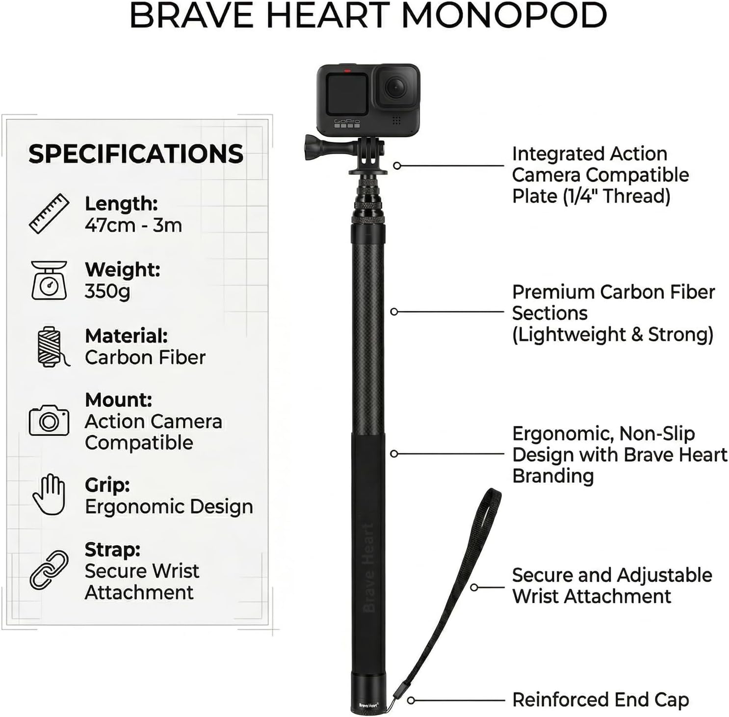 3m Selfie Stick 118Inch Carbon Fiber Invisible Ultra Long Extended Pole for Insta360 ONE X5 X4 X3 X2 R RS X Action Camera Accessories