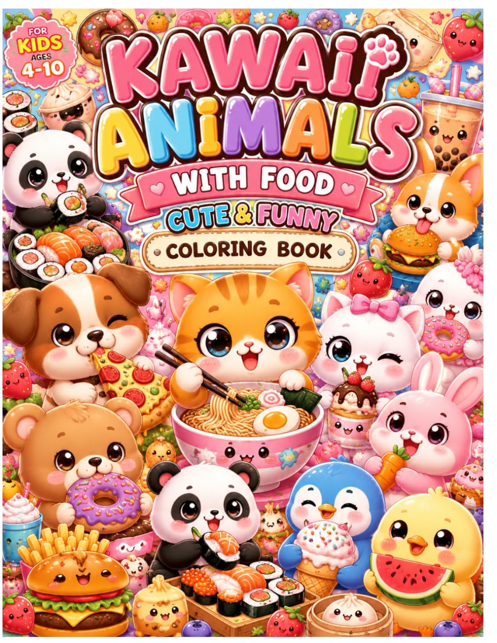 Kawaii Animals with Food Coloring Book Cute & Funny Food Animal Pages for Kids, Teens & Adults