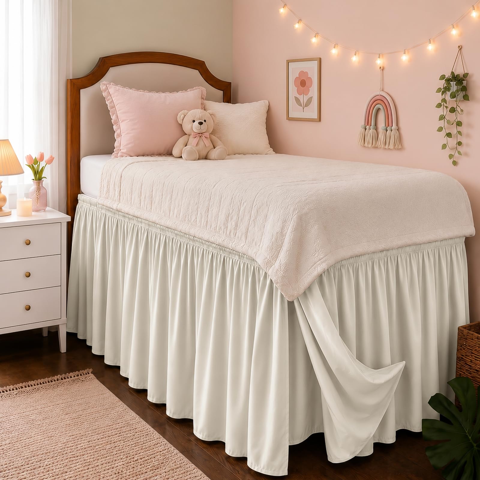 Dorm Room Bed Skirt Twin XL 36" Drop, College Split Corner Bedskirt, Ivory