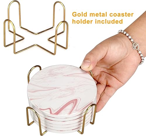 Miniatura 8 de Juego de 6 posavasos de mármol rosa para decoración de mesa de café de piedra, posavasos de cerámica absorbente con soporte, accesorios decorativos