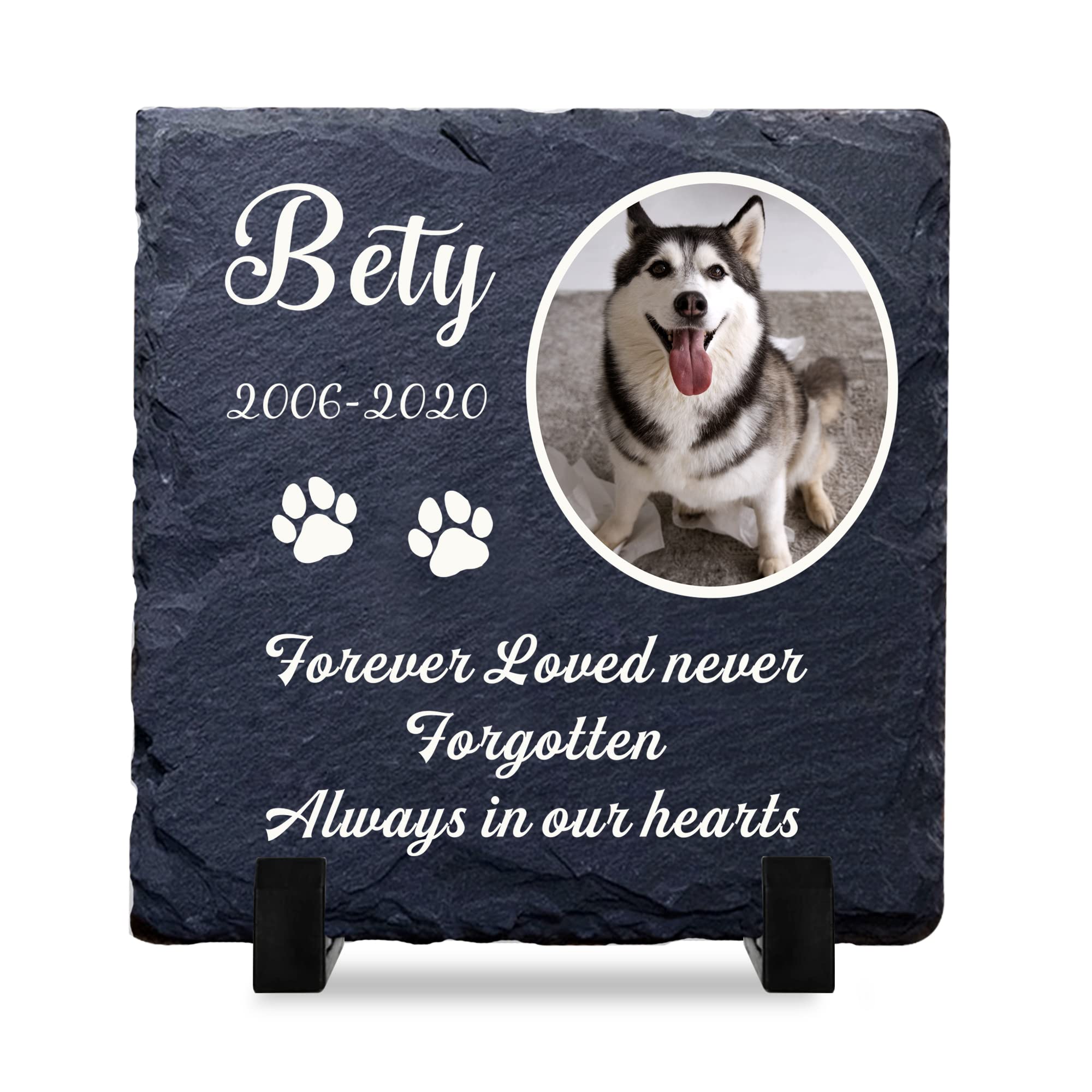 Personalised Dog Memorial Gifts Custom Pet Memorial Plaques Pet Bereavement Gifts with Any Photo & Name Natural Slate Plaque Gifts for Loss of Dog Cat Pet Puppy with Display Stand (10x10cm，Design 2)