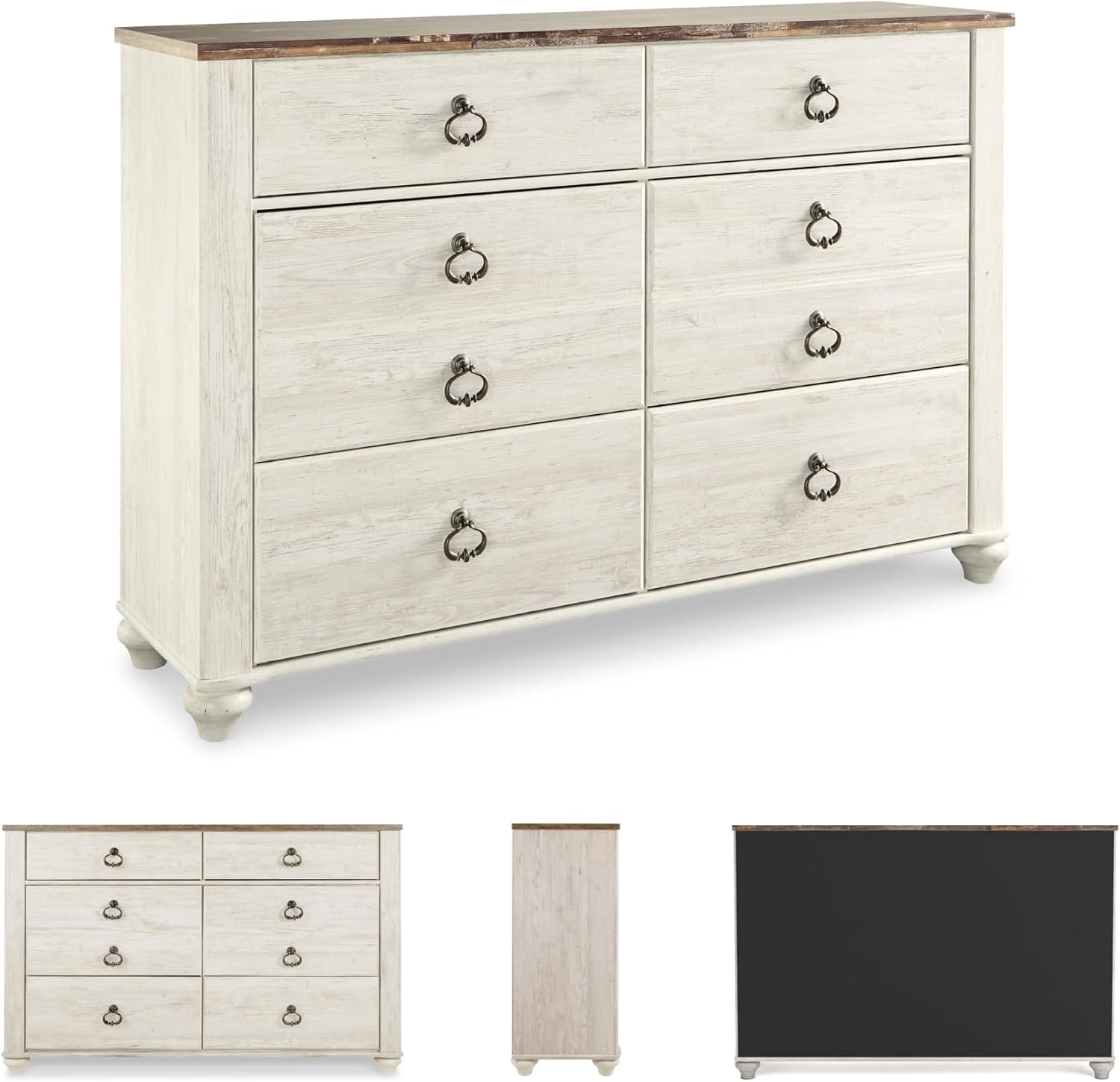 Signature Design by Ashley Willowton Coastal Cottage 6 Drawer Dresser with Faux Plank Top, Whitewash