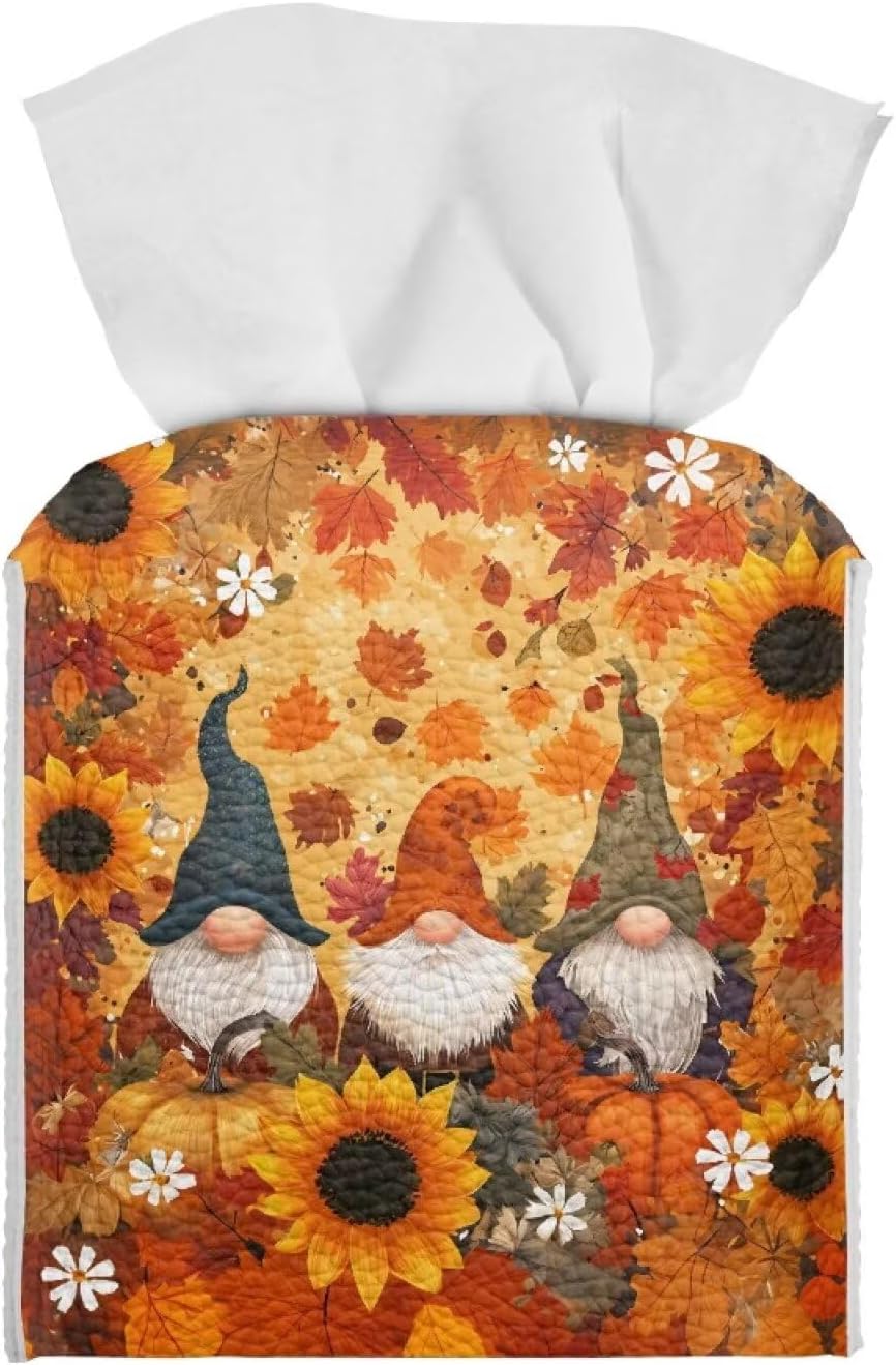 Tissue Box Cover Square,Gnomes Maple Leaf PU Leather Tissue Holder Modern Tissue Box Holder Organaizer Thanksgiving House Bathroom Car Decorations