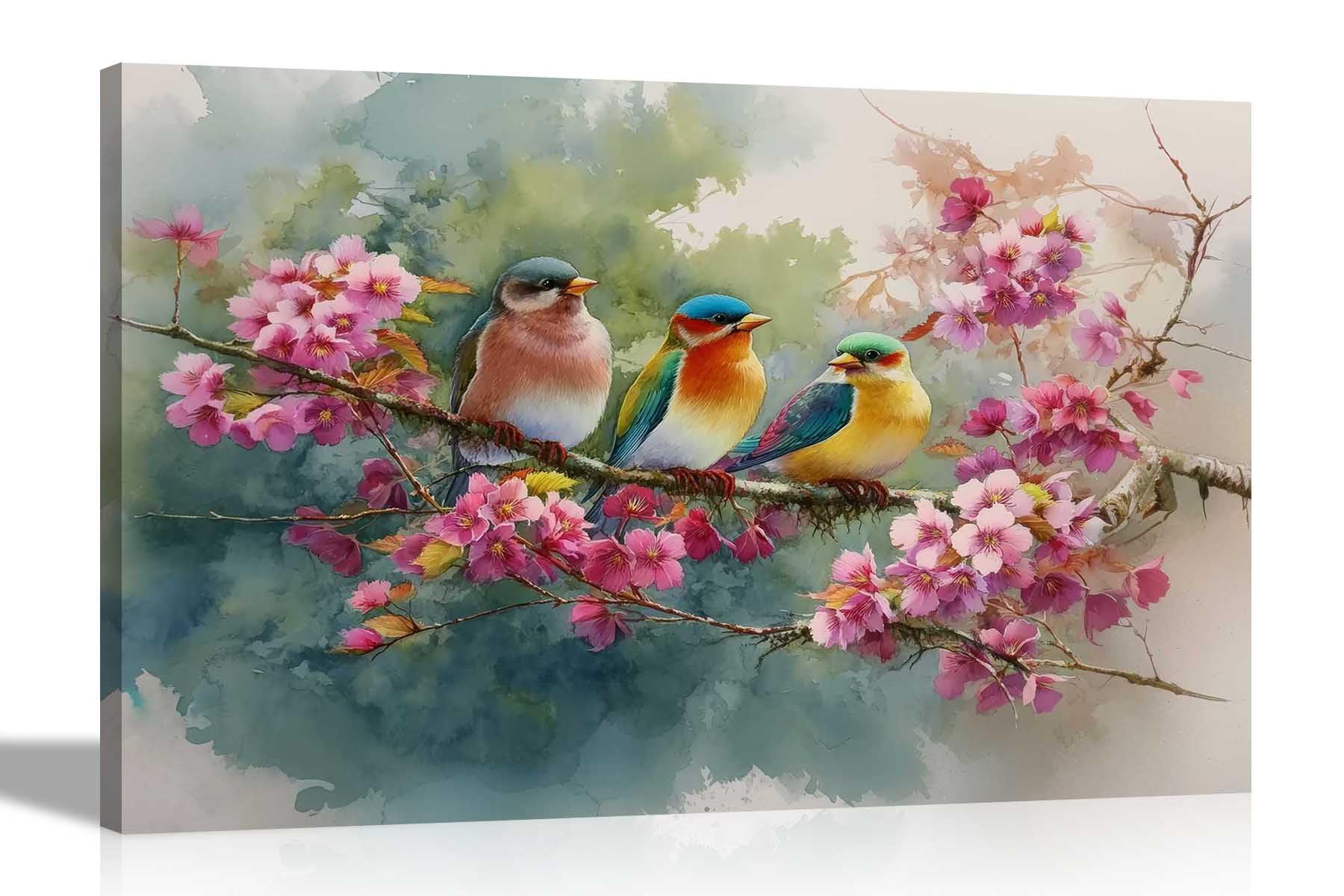 Artley Prints 3 Colourful Birds Pink Flowers - Birds On Purple Blossoming Branch Canvas Prints Framed Wall Art Flower Pictures Home Conservatory Decoration 60 X 40Cm (24 X 16 Inches) A2