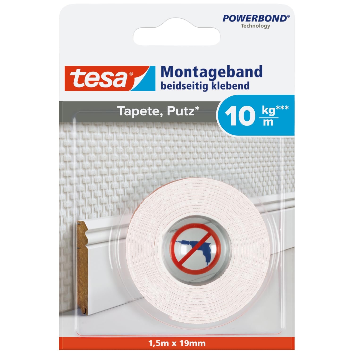 tesa Montageband Tapete&Putz, 10 kg Haltekraft pro Meter - starkes, doppelseitiges Montageklebeband zur Befestigung auf Gips und Tapeten - 1,5 m x 19 mm