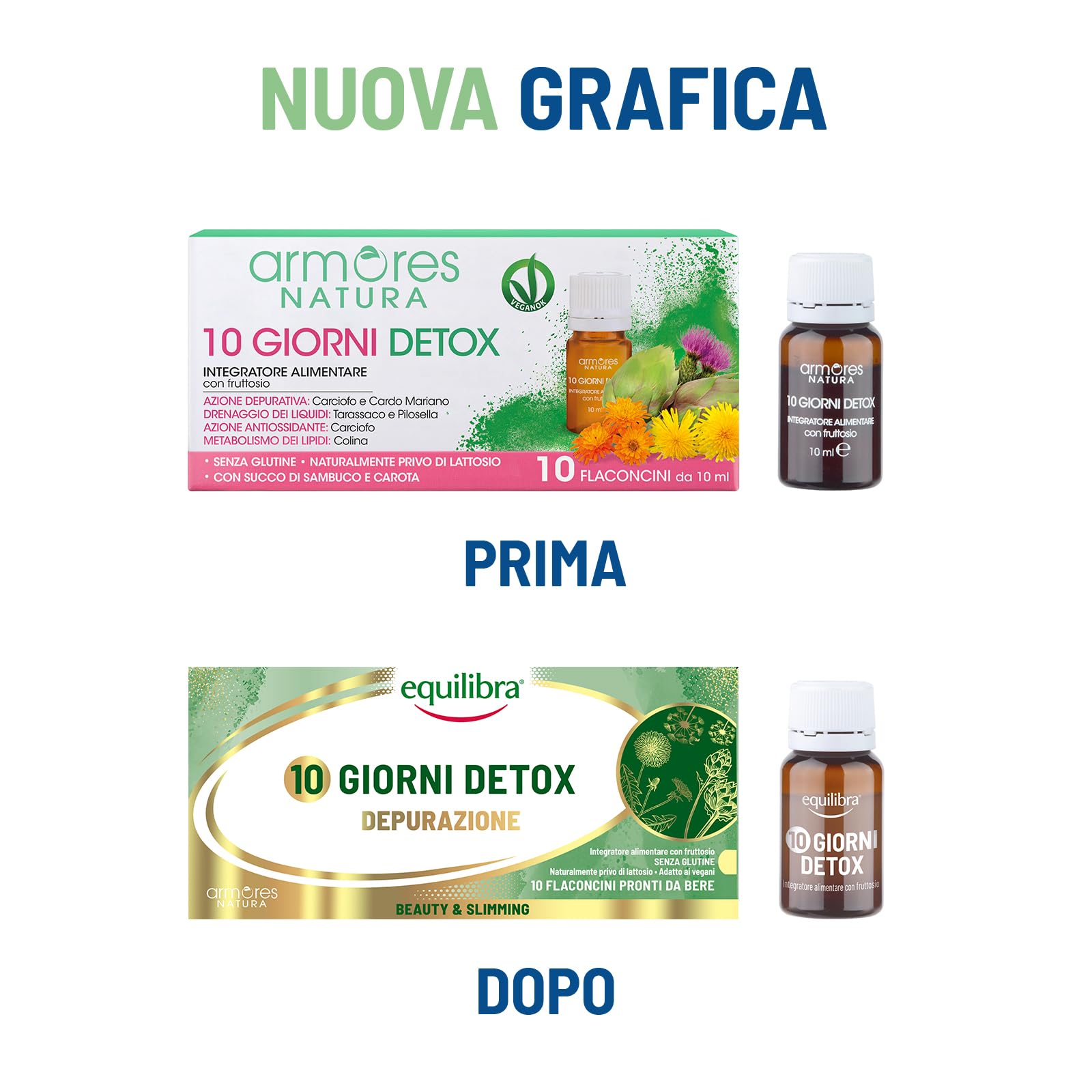 Equilibra 10 giorni Detox, 10 flaconcini, Integratore a base di estratti vegetali e Colina. Con Cardo Mariano e Carciofo che svolgono un'azione benefica per il fegato e depurativa dell'organismo.