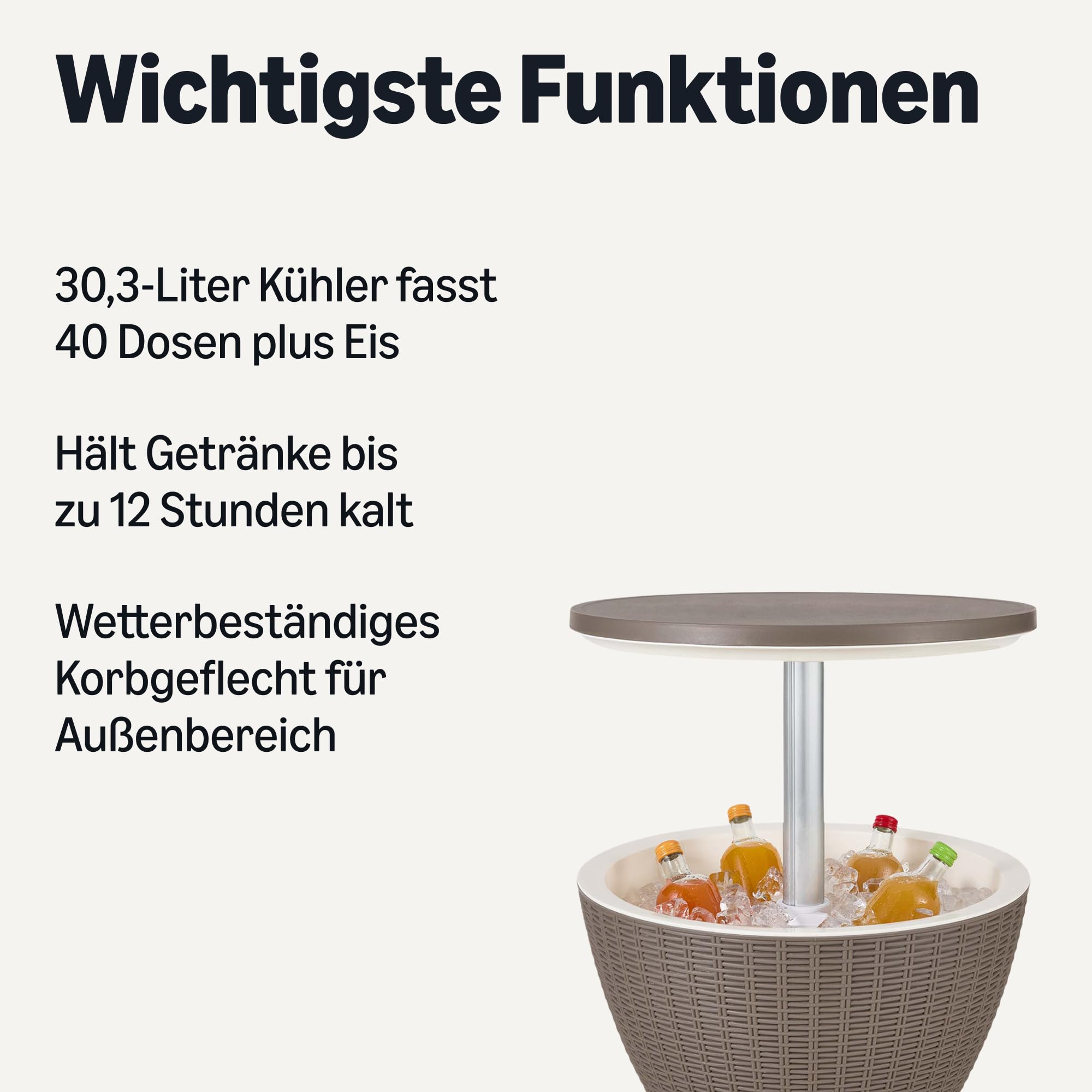 Amazon Basics Kühltisch Outdoor, Rattan-Bartisch mit 30,2l Kühlfach, Integriertes Abflussloch, 48cm x 48cm x 57–82cm, Braun und Weiß