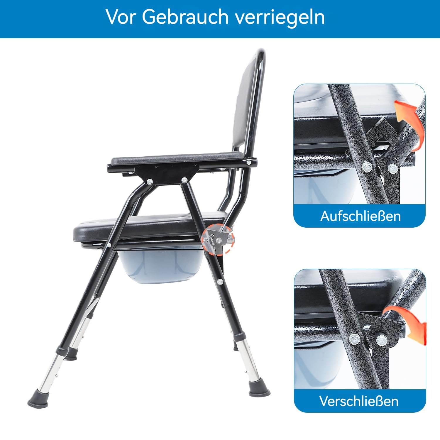 Toilettenstuhl Für Senioren, Höhenverstellbar 42-52cm 5-Stufen Klappbarer WC-Stuhl für Senioren, Toilettenstuhl mit Armlehnen 200kg Belastbarkeit, Bett Toilettenstuhl für Ältere Menschen