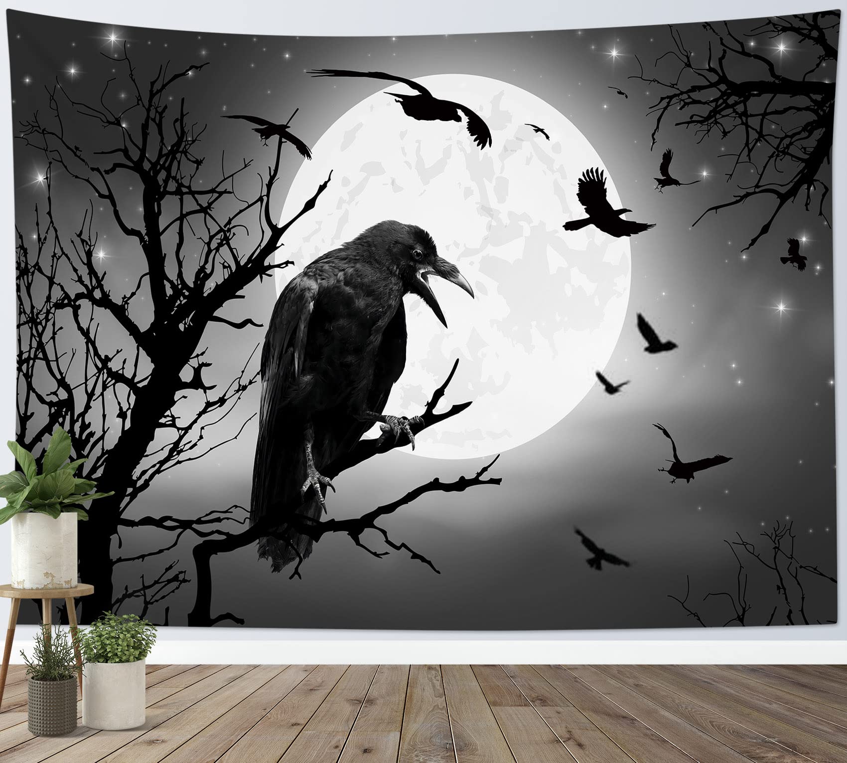 LB Halloween Tapestry Black Crow and Bat on Dead Tree Tapestry Wall Hanging Grey Horror Moon Night Tapestries for Living Room Bedroom Dorm Wall Decor,59x39 inch