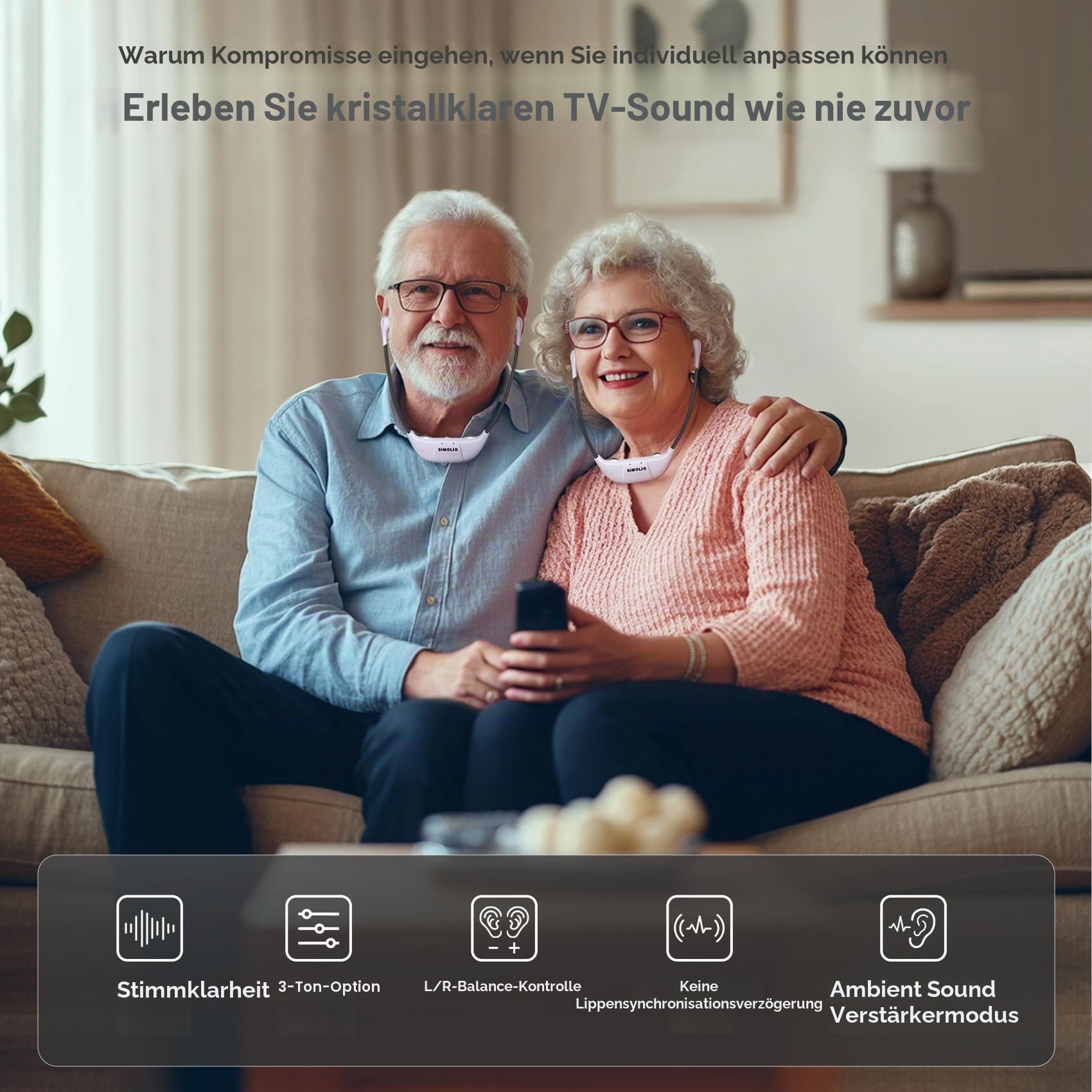 SIMOLIO Dual 2.4GHz Digitale TV Hörsystem, Kabelloser Kopfhörer für Fernseher & Musikanlagen mit ErsatzAkku, Funkkopfhörer für Senioren, Kinnkopfhörer, Optisch, RCA, AUX, TV Hörverstärker SM-824D2