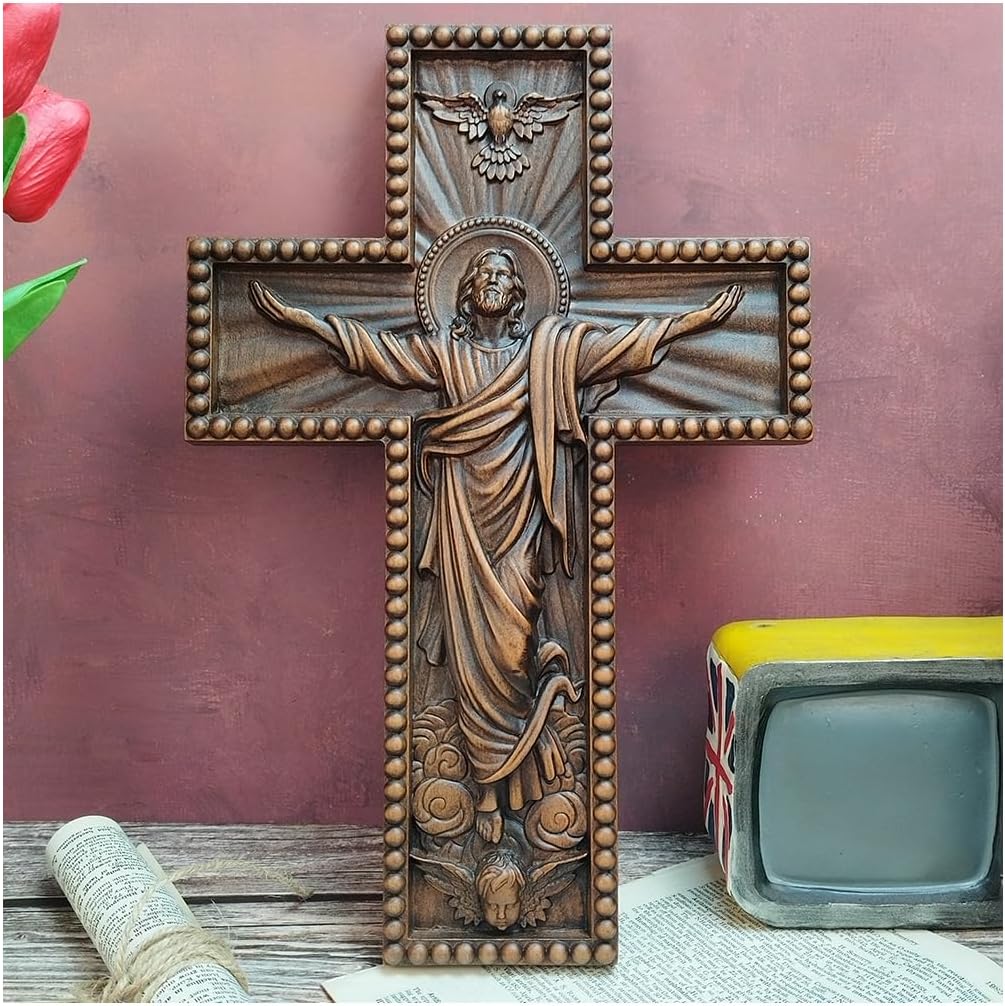 QIADGE Ascension of Jesus Handmade Cross Catholic Wall Decor Wooden Christian Decoration Gift Wood Carved Handmade Craft jesus cross for wall baptism favors wooden cross(13.7 * 10.7 in)