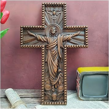 QIADGE Ascension of Jesus Handmade Cross Catholic Wall Decor Wooden Christian Decoration Gift Wood Carved Handmade Craft cross jesus cross for wall baptism favors 10 * 8 in