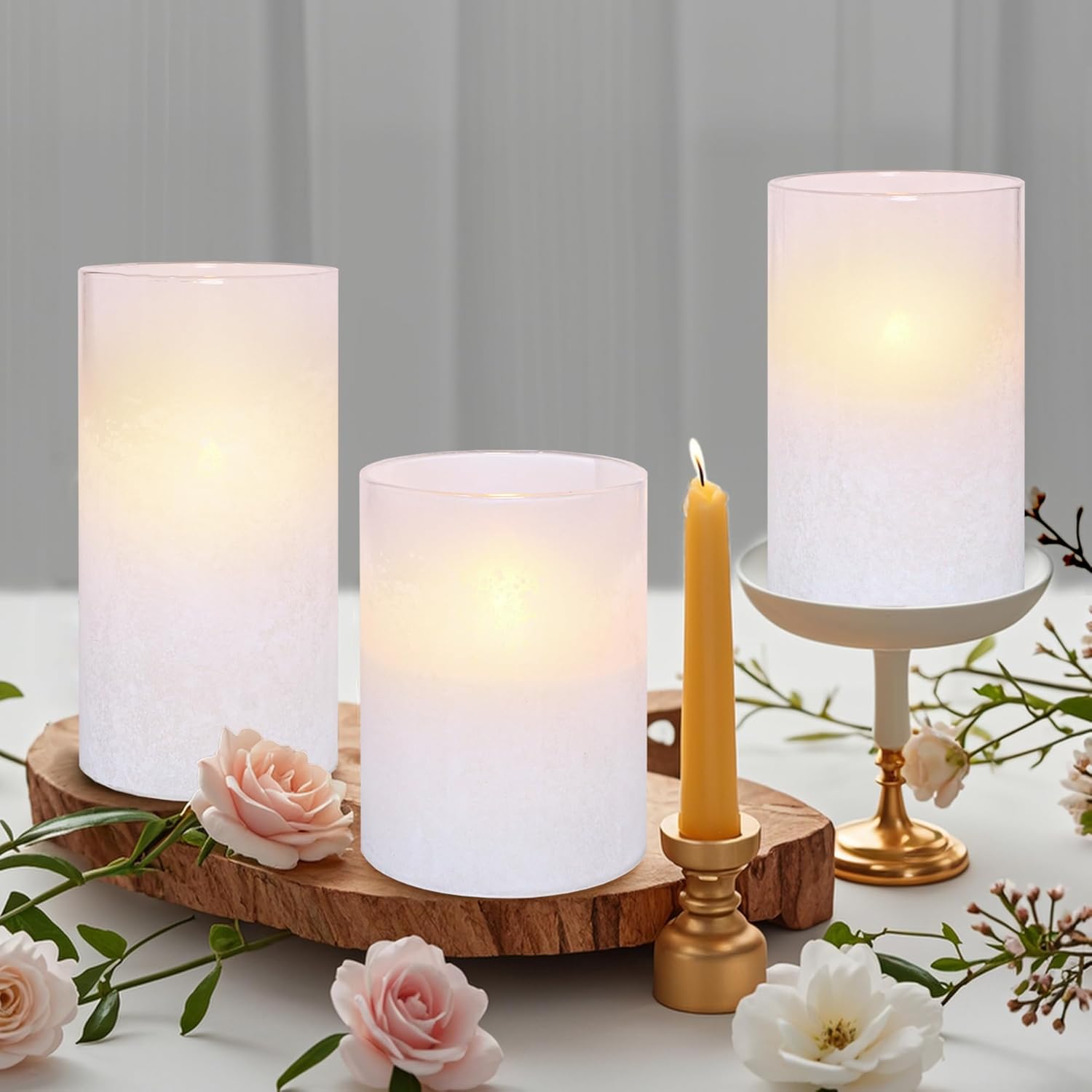 Impress Life White Flameless Candles with Remote & Timer, Glass Sandblast Battery Operated Flickering LED Pillar Candles for Home Wedding Party Christmas Decor