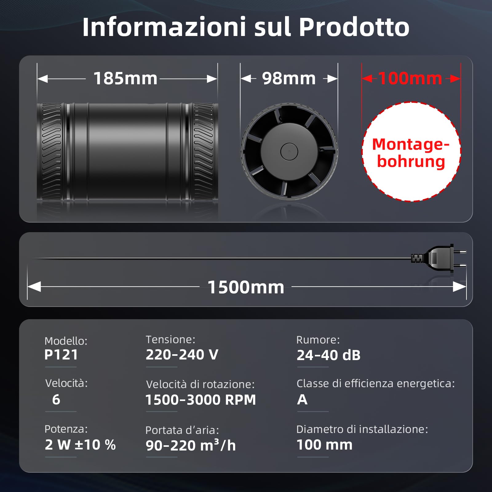 Ventilatore da Condotto Bidirezionale 100 mm, 6 Velocità, Telecomando 433 MHz, Ventilatore da Condotto Silenzioso per Tende di Coltivazione, Serra, Bagno, Cantina, Garage, Cucina
