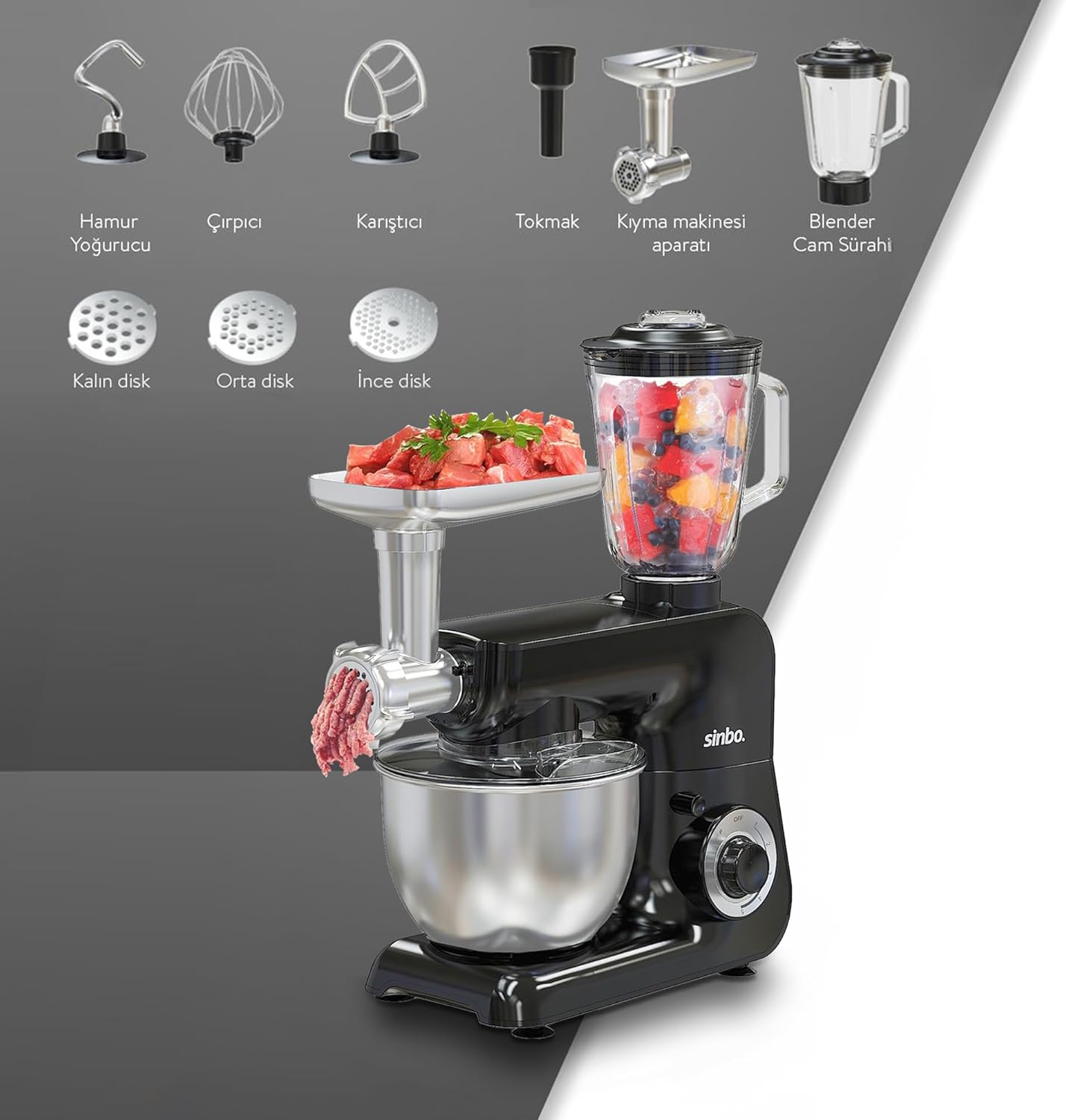 Sinbo SMX-2775 Kitchen Chef accessories including dough hook, whisk, beater, meat grinder parts, and blender jug