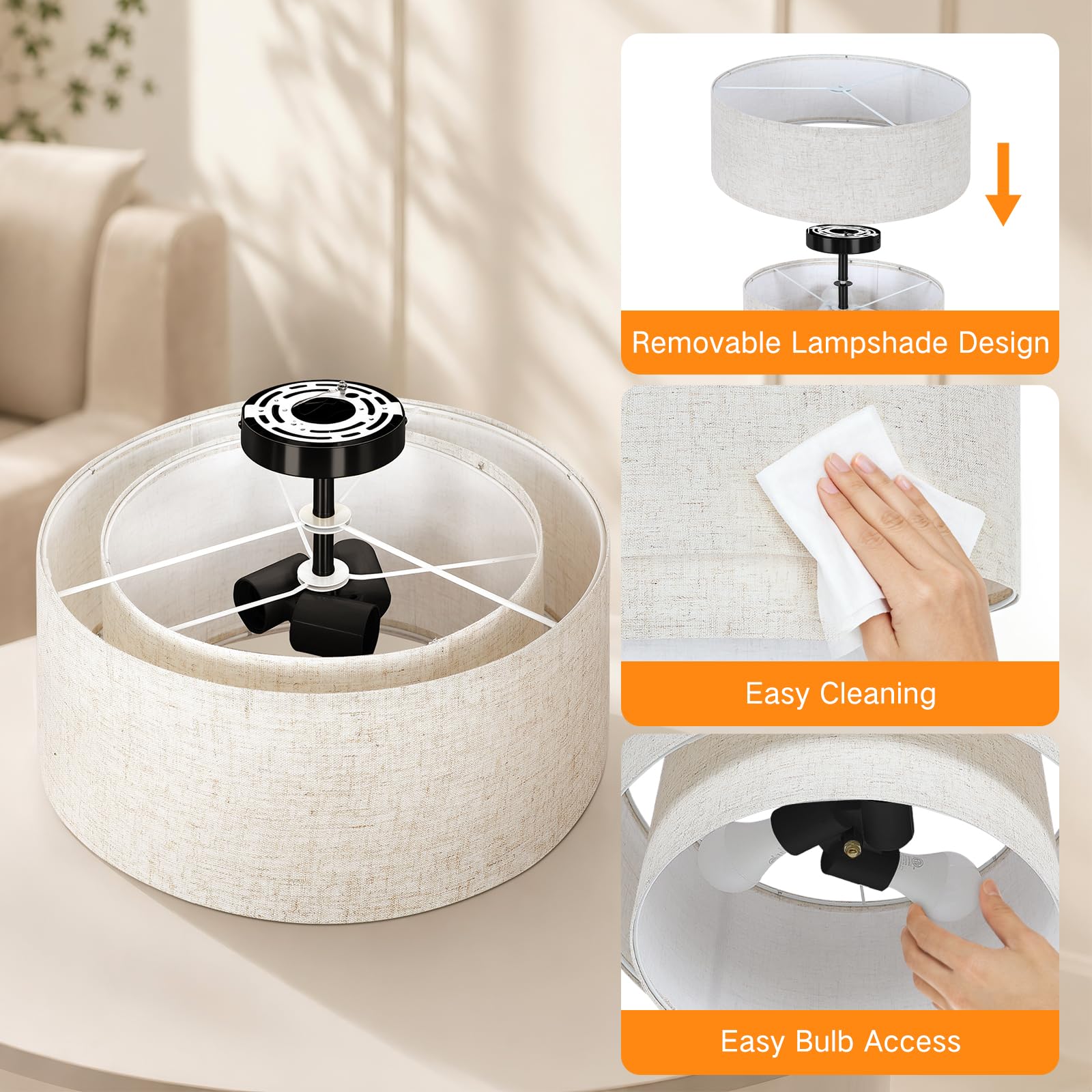 OUTON Plafoniera con Paralume in Tessuto, 3 Luci, Nera, Ø 40,6 cm | Doppio paralume in lino con diffusore interno, 3 attacchi E27, compatibile con lampadine dimmerabili, per ambienti interni