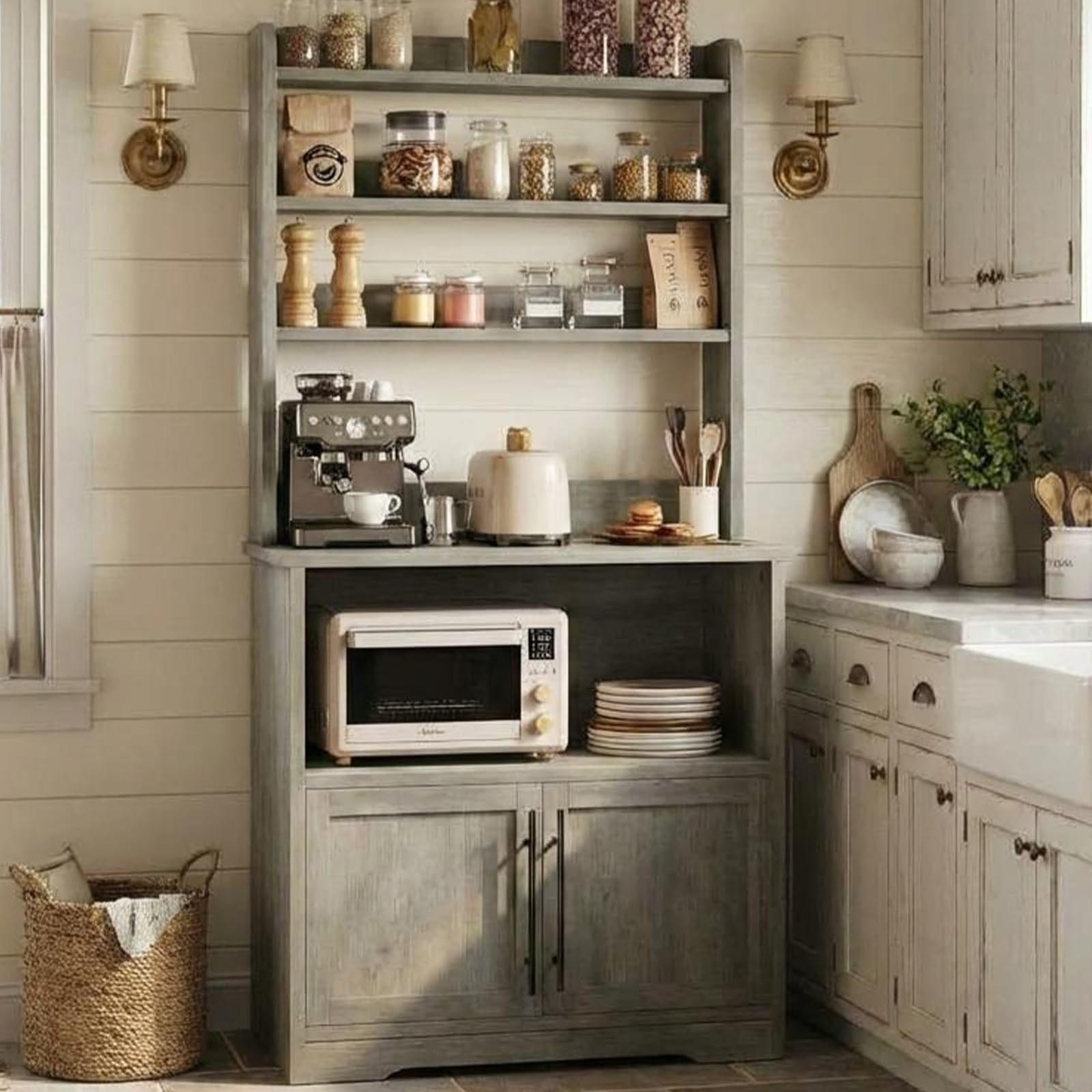 Photo 1 of *** UNKNOWN MISSING HARDWARE***GarveeHome Bakers Rack with Power Outlet and 2 Wood Doors, 63" Tall Farmhouse Wood Microwave Stand with Hutch & 3 Shelves, Coffee Bar Cabinet with Thick Counter, Sturdy Frame, for Kitchen, Rustic Gray