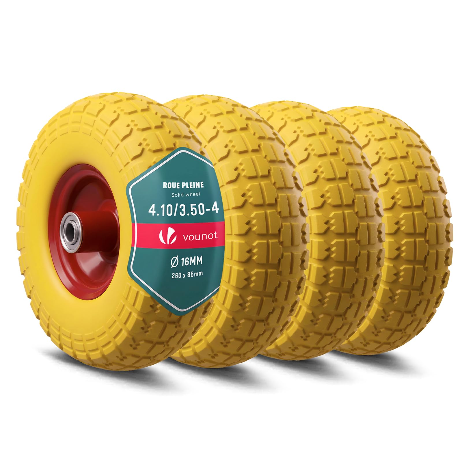 VOUNOT® 4 Ruedas Carretilla Rueda Goma Maciza PU Antipinchazos 4.10/3.50-4" Repuesto Neumático Eje 16mm 260x85mm con Rodamientos de Bolas para Carretillas Obra Carros Jardinería Remolque Amarillo-Rojo
