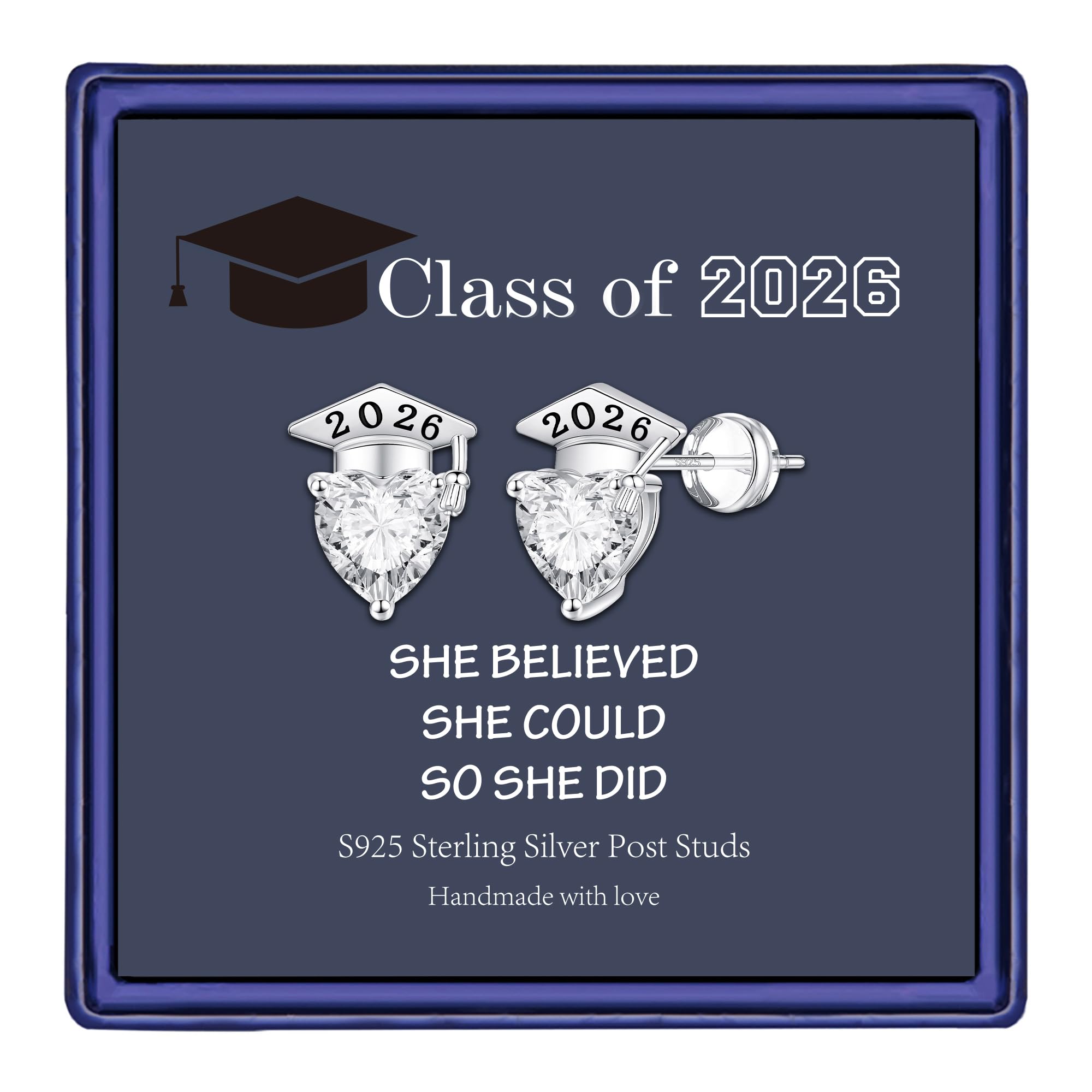 Hidepoo Graduation Gifts for Women 2026 - Heart Stud Class of 2026 Graduation Earrings White Cubic Zirconia Hypoallergenic Stud Earrings Gifts for Women Her