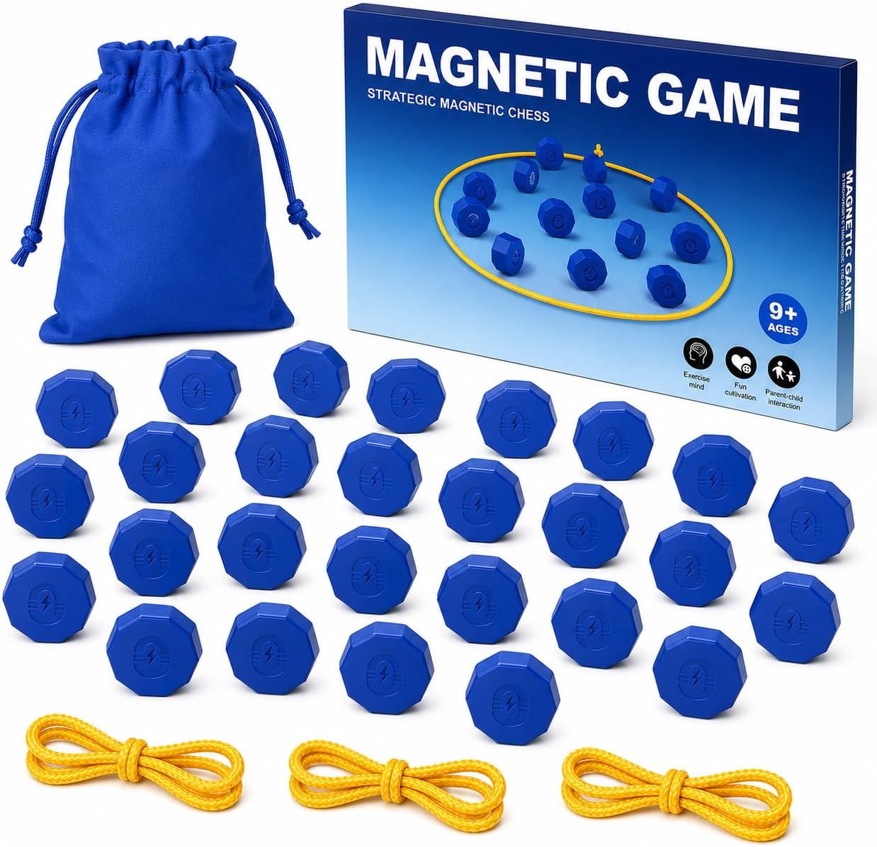 Magnetic Strategy Game with 24 Full-Size Stones, 3 Ropes & Bag