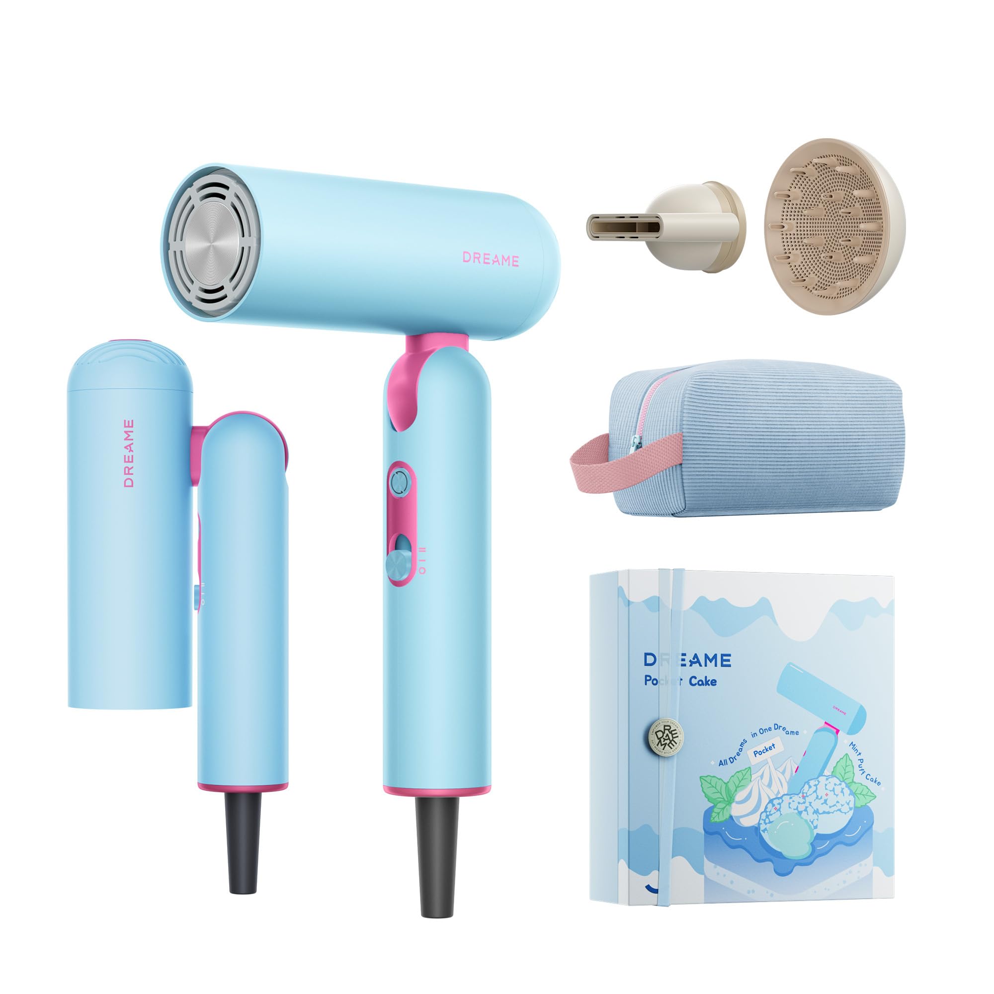 Pocket Cake Travel Hair Dryer with Diffuser, Dual Voltage Blow Dryer