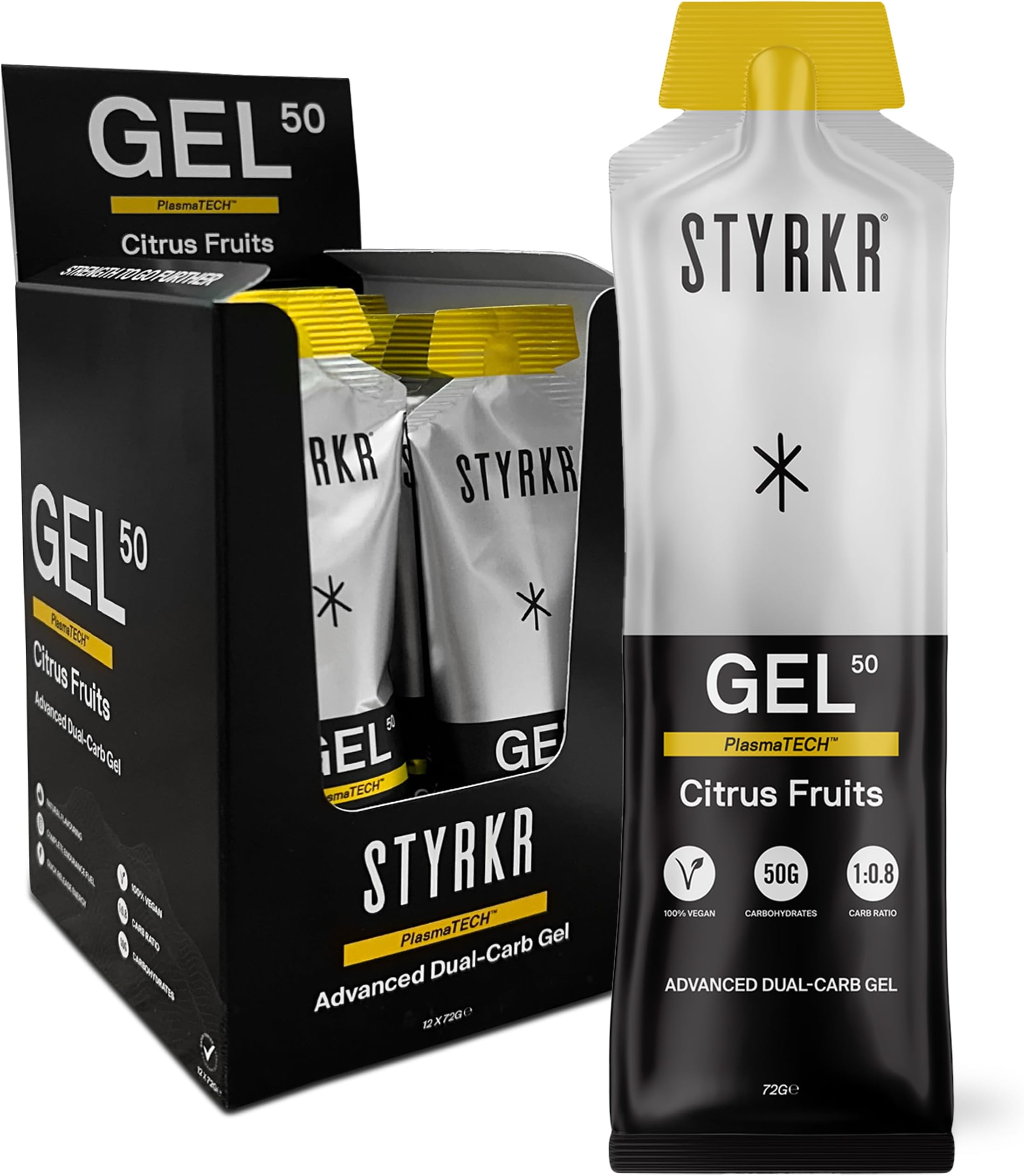 – Styrkr GEL50 Energy Gels by Styrkr - 50g of Carbs - Pack of 12 Citrus Flavoured Energy Gels for Cycling & Running - Approved by Endurance Athletes - Advanced Dual-Carb Formulation - 12x Pack