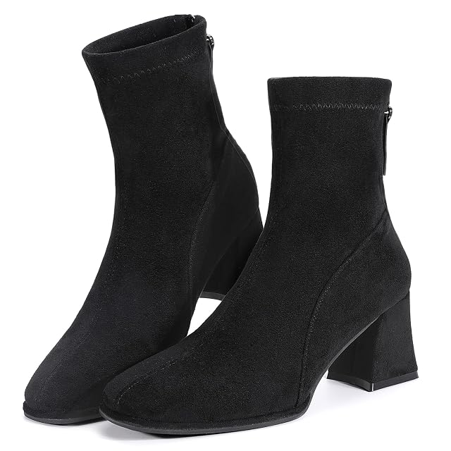 Trakxy Womens Square Toe Ankle Boots Faux Suede Low Block Heel Chelsea Boots Women Shoes