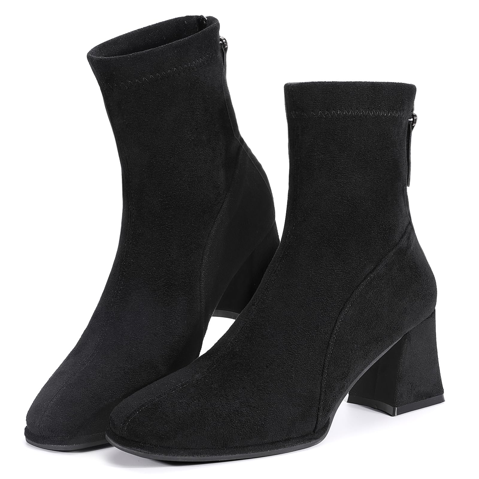 Trakxy Womens Square Toe Ankle Boots Faux Suede Low Block Heel Chelsea Boots Women Shoes