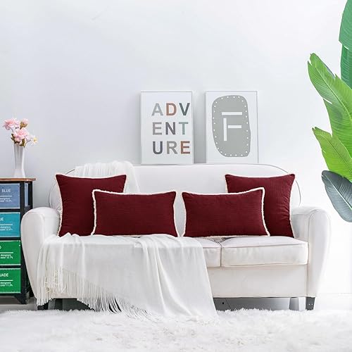 Miniatura 6 de HWY 50 Juego de 2 fundas de almohada rectangulares decorativas de color rojo burdeos de 12 x 20 pulgadas para sofá, cama, felpilla suave y sólida,