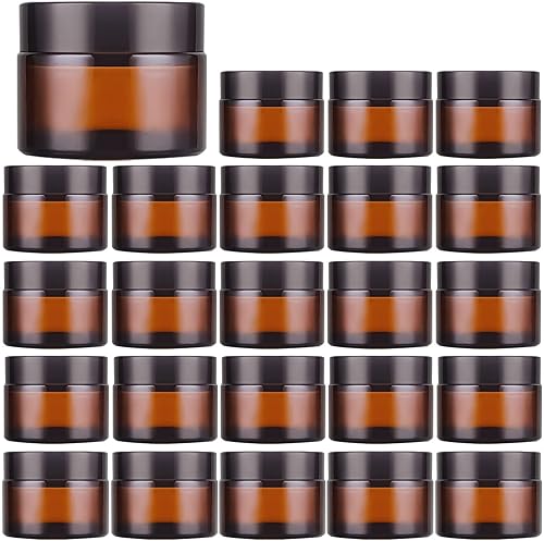 IRON BILL Tarros redondos de vidrio ámbar de 1 onza con forros interiores y tapas negras (24 unidades) recipientes de crema vacíos frascos