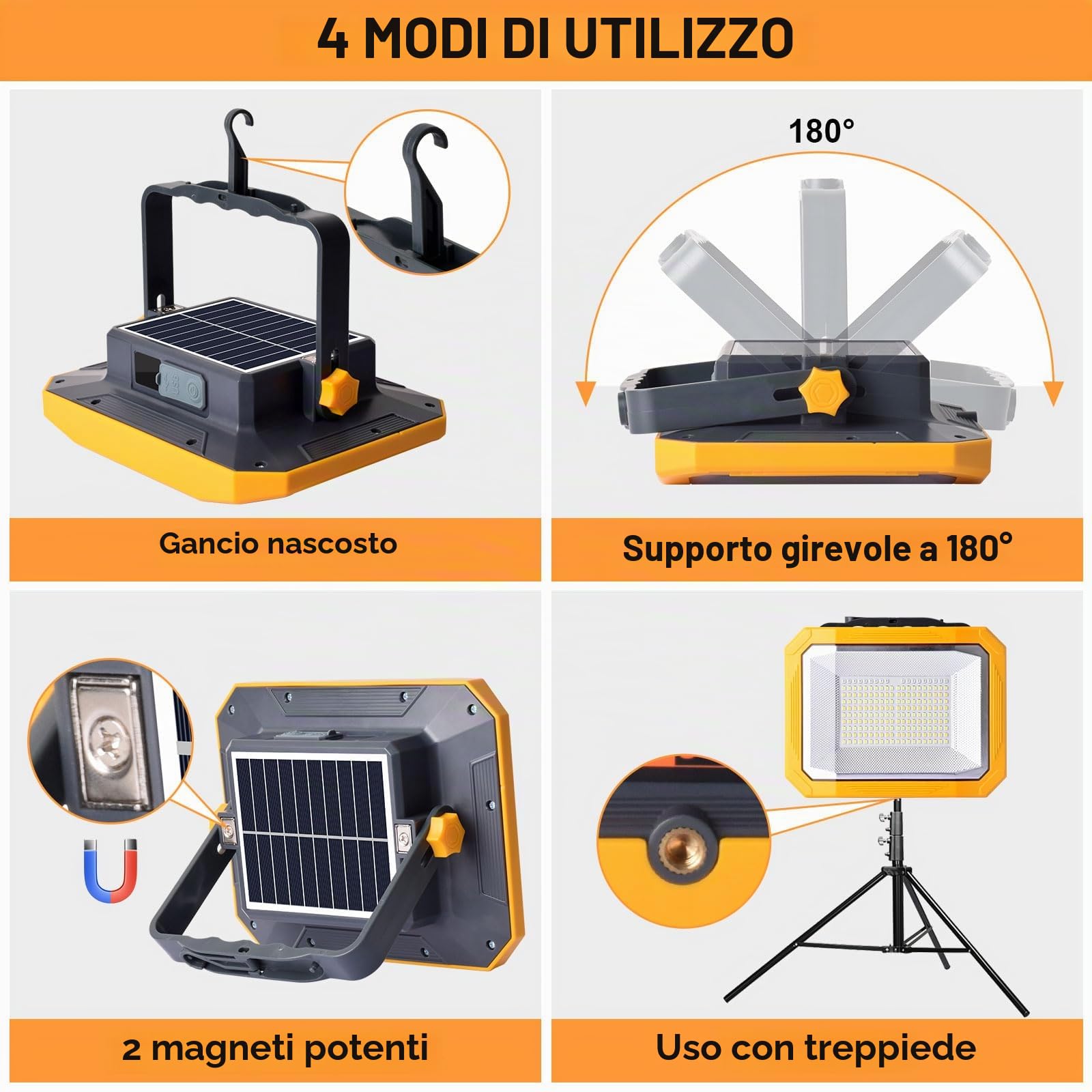 Faro LED Ricaricabile Solare, 10000LM, 7800mAh, 4 Modalità di Luce | 60W, Uscita USB, Base Magnetica, Luce Rossa e Blu, IP54, Leggero & Portatile per Campeggio, Pesca, Emergenze, e Garage