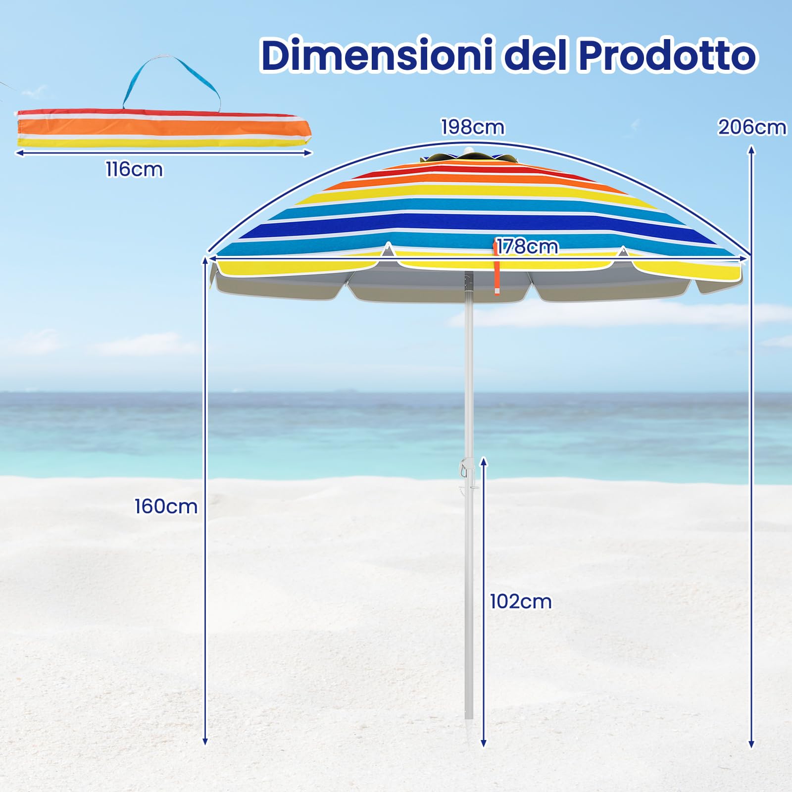 RELAX4LIFE Ombrellone da Spiaggia con 8 Stecche Stabili e Palo Alluminio Centrale Inclinabile, Protezione solare e impermeabile, Borsa di Trasporto Inclusi, 182 x 182 x 213 cm (Colorato)