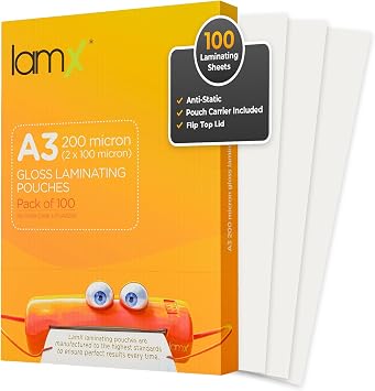 LamX A3 Laminating Pouches 200 Micron, 100x High Gloss Finish Sheets, Anti-Static Formula Laminating Pouches A3, 200 Micron 100+100 Micron Pack of 100 Laminating Sheets, Free Pouch Carrier Included