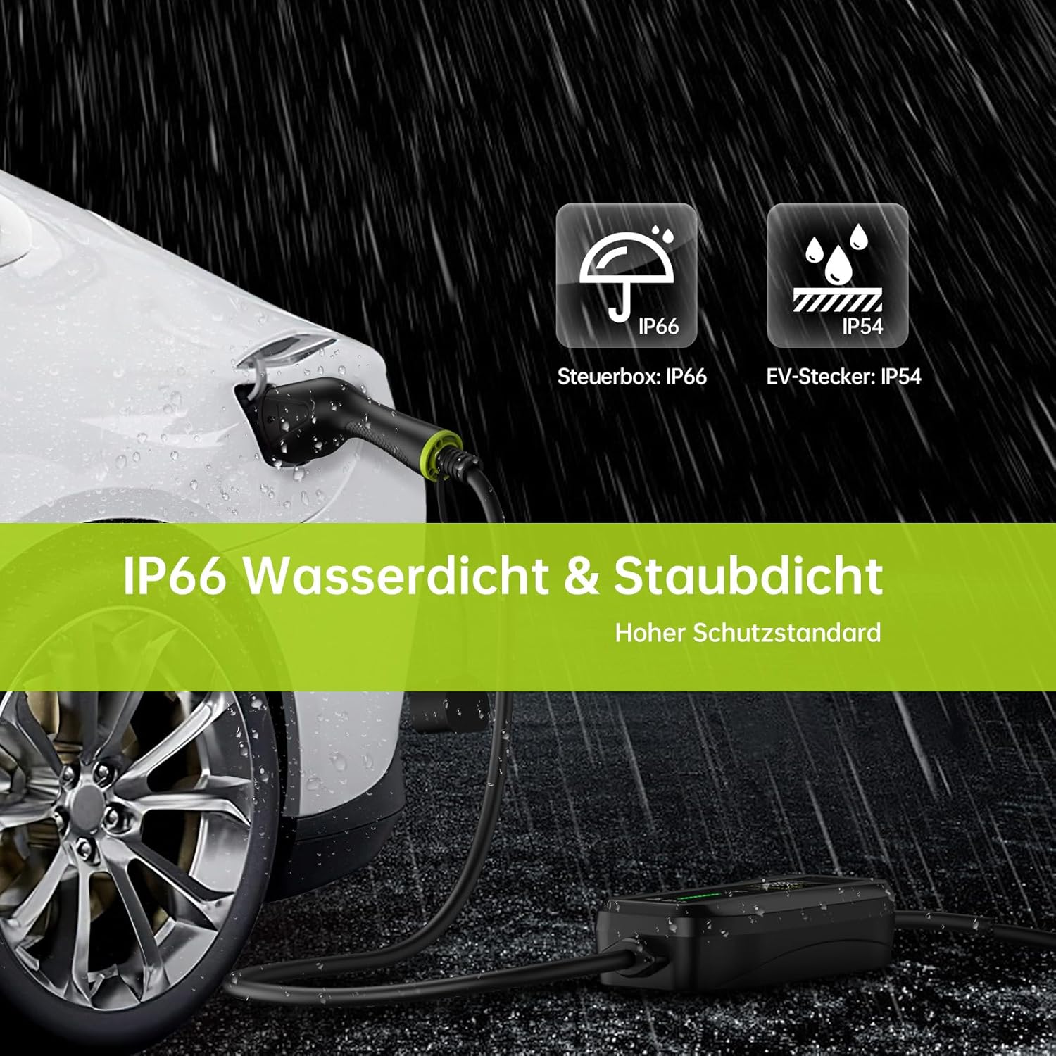EV charger in rain, showing IP66 control box and IP54 EV plug ratings