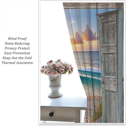 Miniatura 8 de Cortinas opacas para puerta de granero verde azulado con diseño de océano, playa, estilo hawaiano, puesta de sol, olas de mar, madera retro,