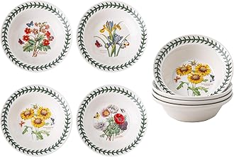 Garden 6.5" Cereal Bowls - Set of 4| Assorted Floral Motifs| Fine Earthenware| Chip Resistant Glaze| Dishwasher, Microwave, Freezer, Oven Safe| Ideal for Yogurt, Desserts, Soup,Ice Cream Bowls,Serving