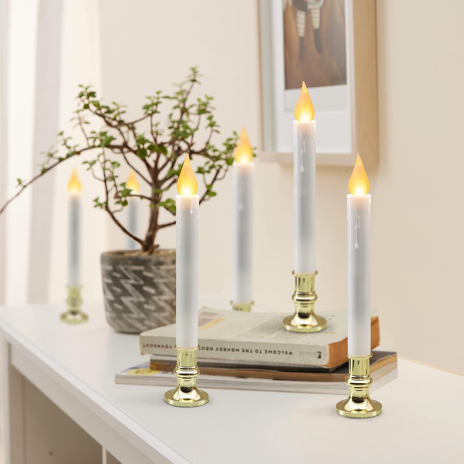 Flameless Candles Christmas Window Candles - 9.3in Flameless Taper Candles with Suction Cups Flickering Timer for Halloween Christmas Wedding Home Decor Candlesticks Fireplace (6pcs-Gold)