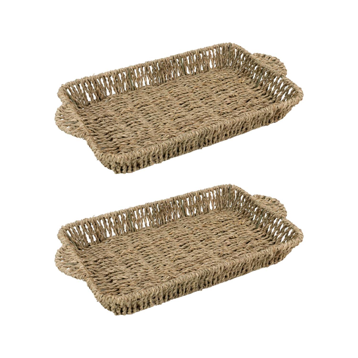 JVL Set of 2 Rectangular Seagrass Storage Tray with Handles – Hand Woven Natural Basket for Home Organisation, Brown