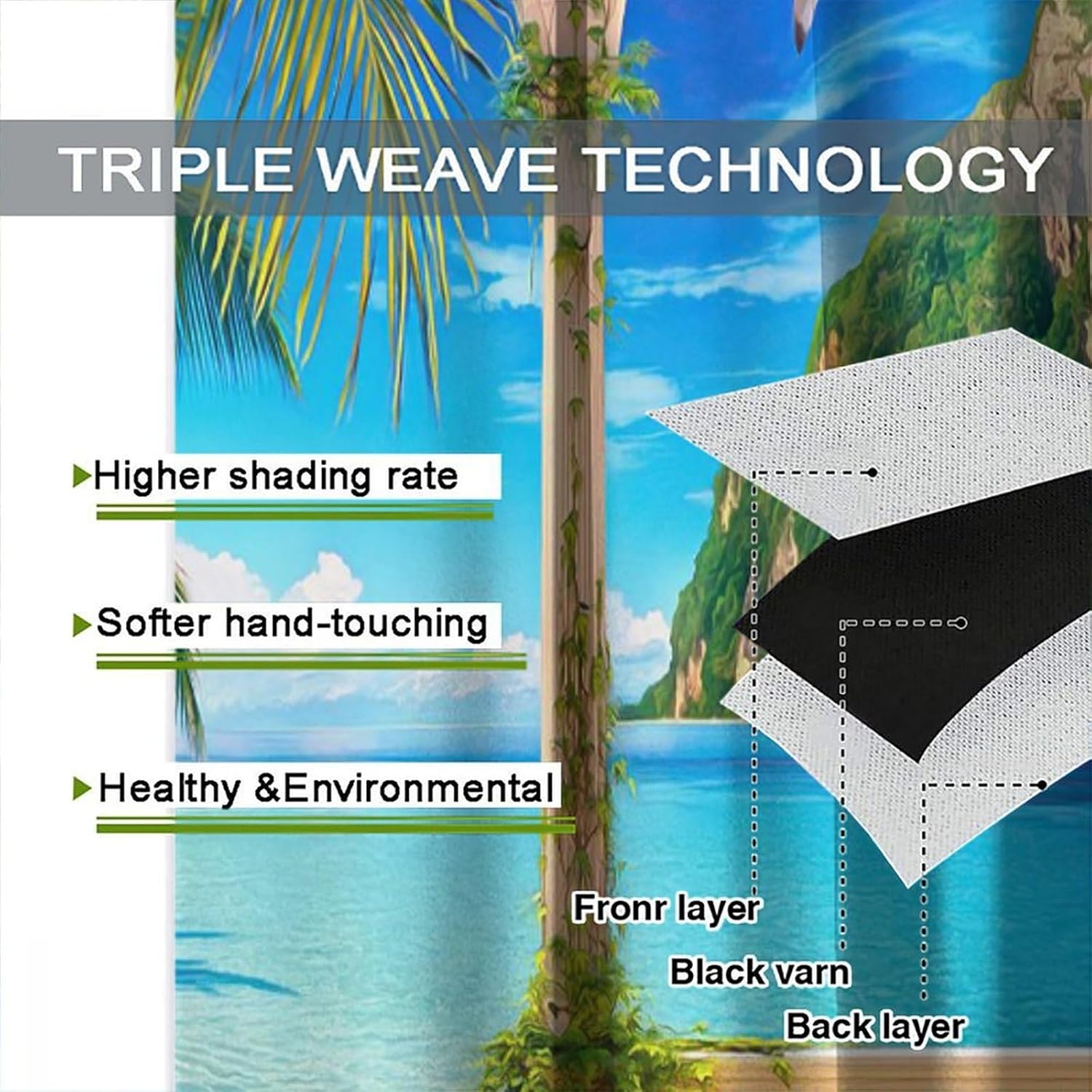 Natural Ocean View Curtains, Summer Ocean Green Palm Tree Seagull Animal Decoration, Bedroom Living Room Blackout Curtains42X54 Inch