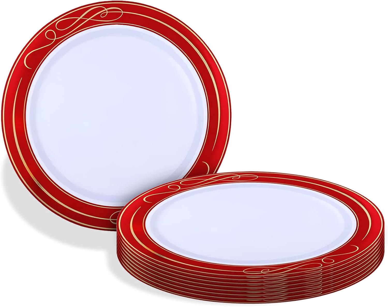 Silver Spoons Bella Collection White with Red Rim Round Plastic Desset Plates - 7.5" (Pack of 10) - Perfect for Parties, Holidays & Special Occasions