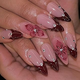 French Künstliche Nägel Mandel Press on Nail 24 Stück - Rot Kunstnägel zum aufkleben 3D Wasserwellen Blume Design mit Strasssteinen, Full Cover Fake Nägel - Geeignet Alltag DIY Nageldesign für Frauen