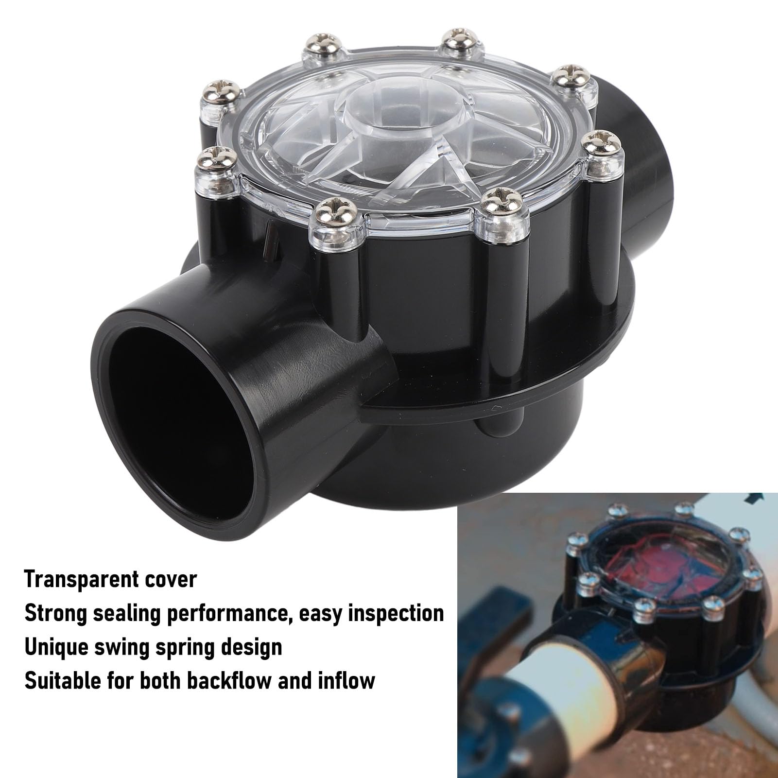 Aquarium Check Valve, 2 Inch 180 Degree Check Valve for Pool Spa 7305, Transparent Cover, Detachable and Swing Spring Design, PVC Material, Suitable for Backflow and Inflow