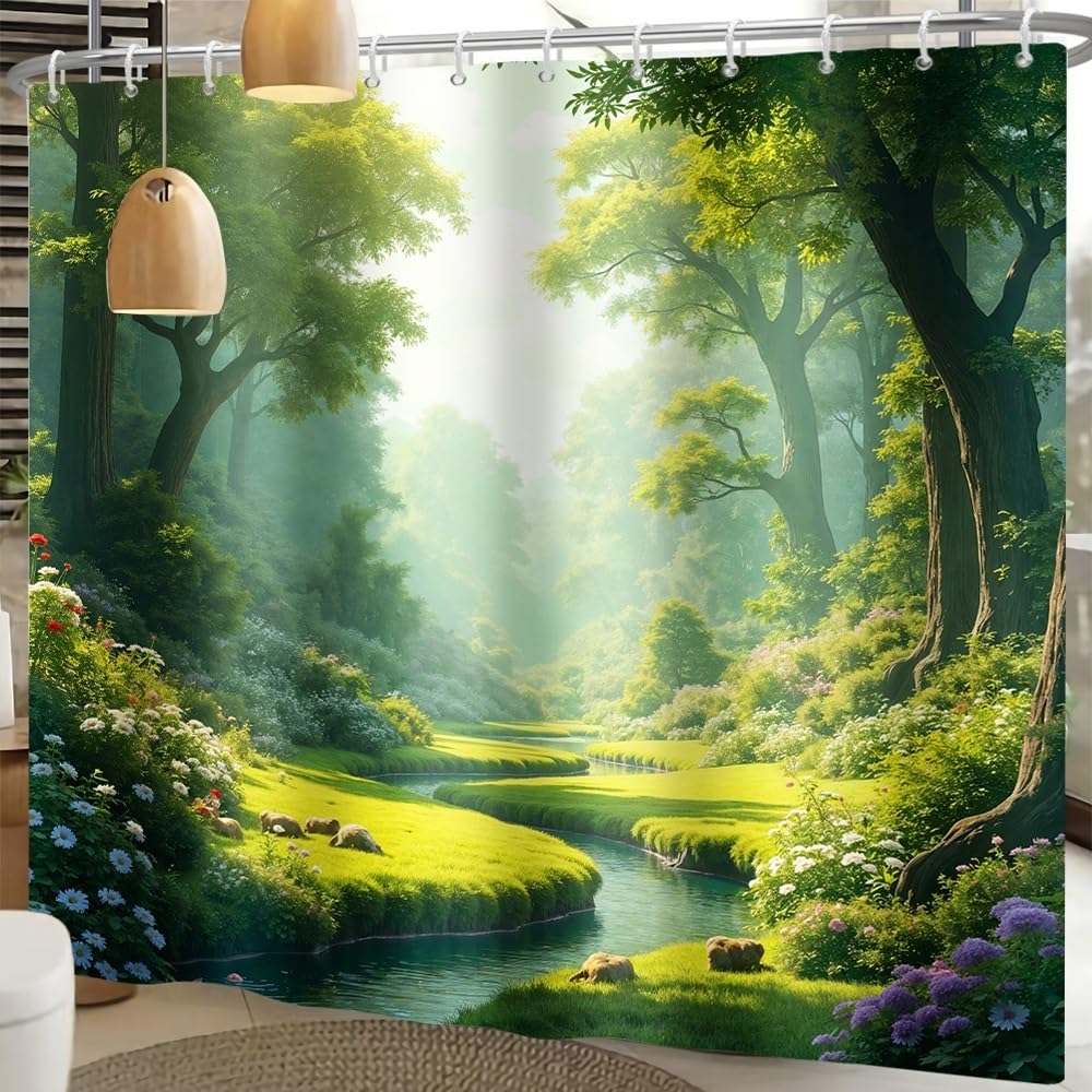 Xiaoterna Floral Plant Shower Curtain Green Spring Nature Forest Bathroom Curtain Green Tall Trees Blooming Flower River Stream Nature Shower Curtain Waterproof Fabric Bathroom Decoration 240x180cm - Image 3